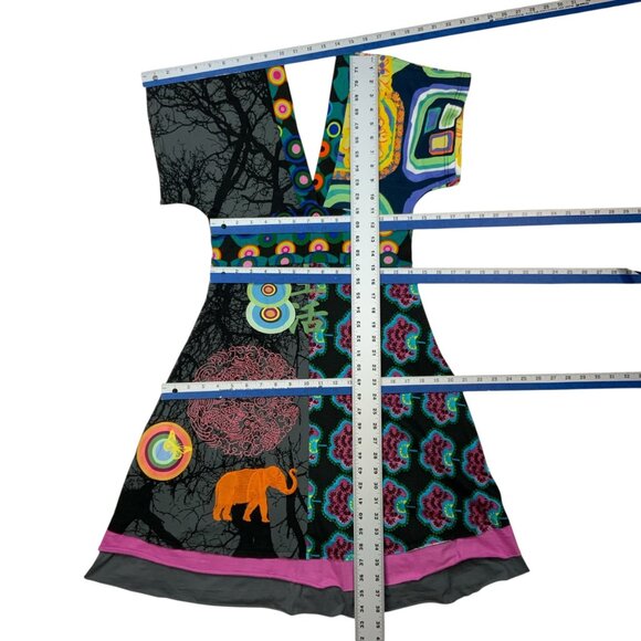Desigual Dress S Colorful Embroidered Short Sleeve Tiered V-Neck Art To Wear - Picture 4 of 13